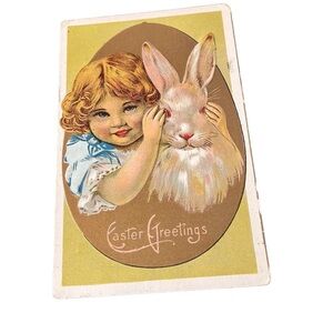 Vtg 1910s Easter Greetings Postcard Young Girl Hides Easter Bunny Easter Egg UP